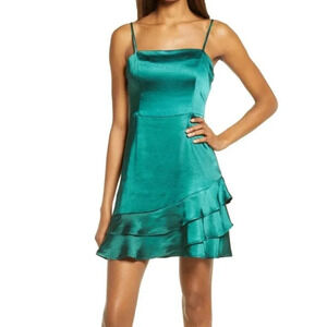Lulus Dreams Come True Emerald Green Satin Ruffled Mini Dress Sz S